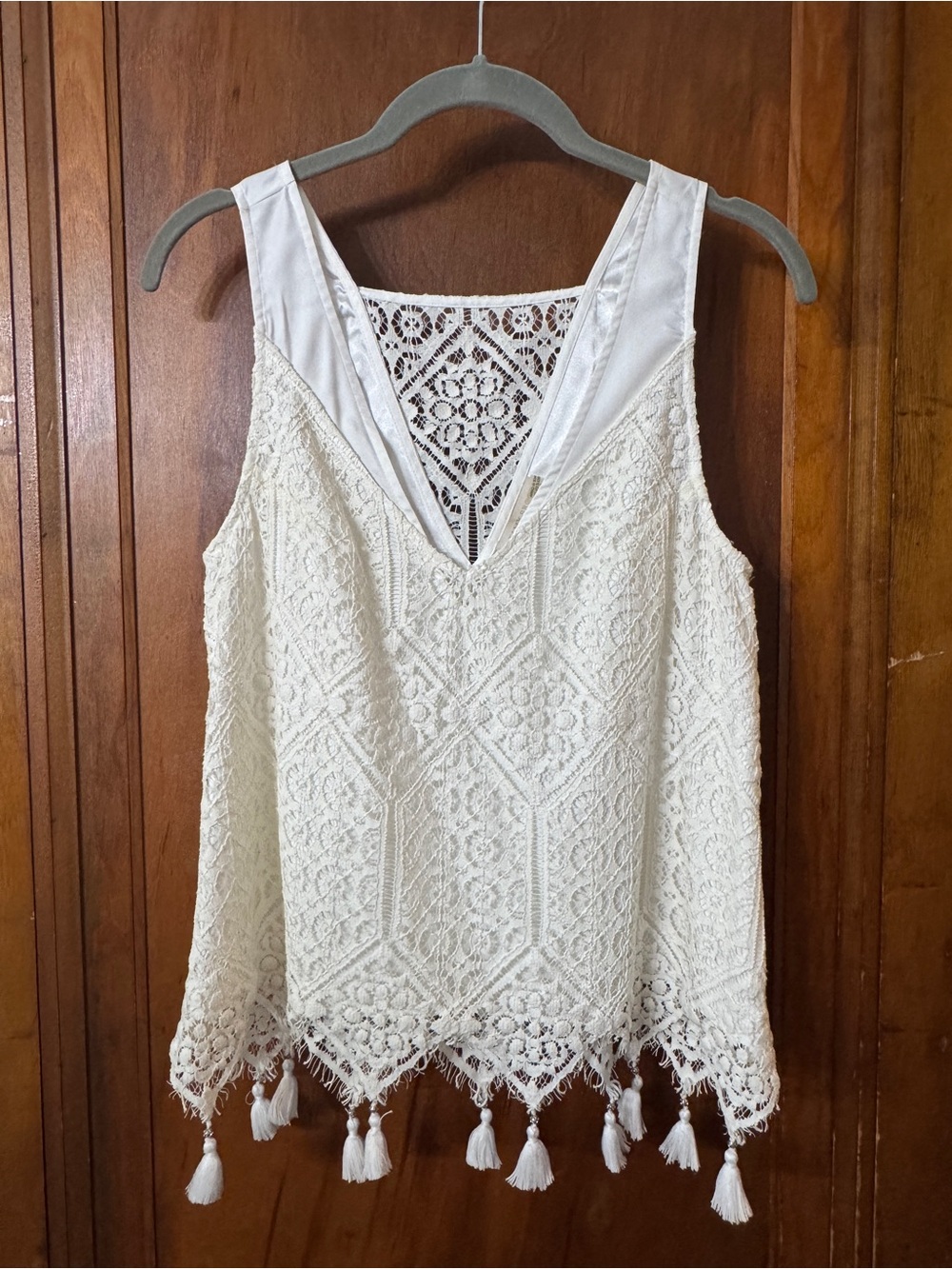 Ramy Brook Tyra White Lace V-Neck Tassel Tank Top Boho Size S
